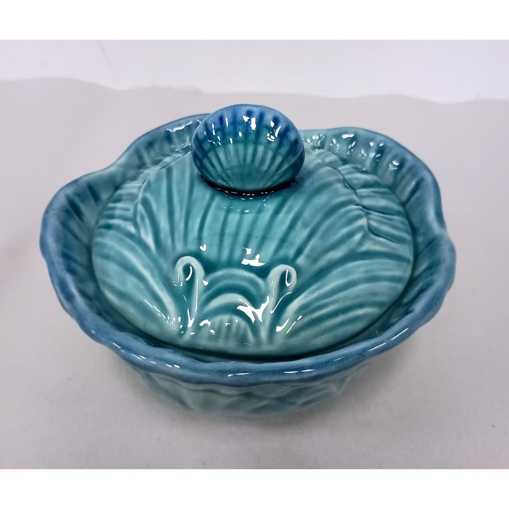 Vintage Olfaire Pottery Portugal Cabbage Leaf Bowl Blue Ceramic Lidded